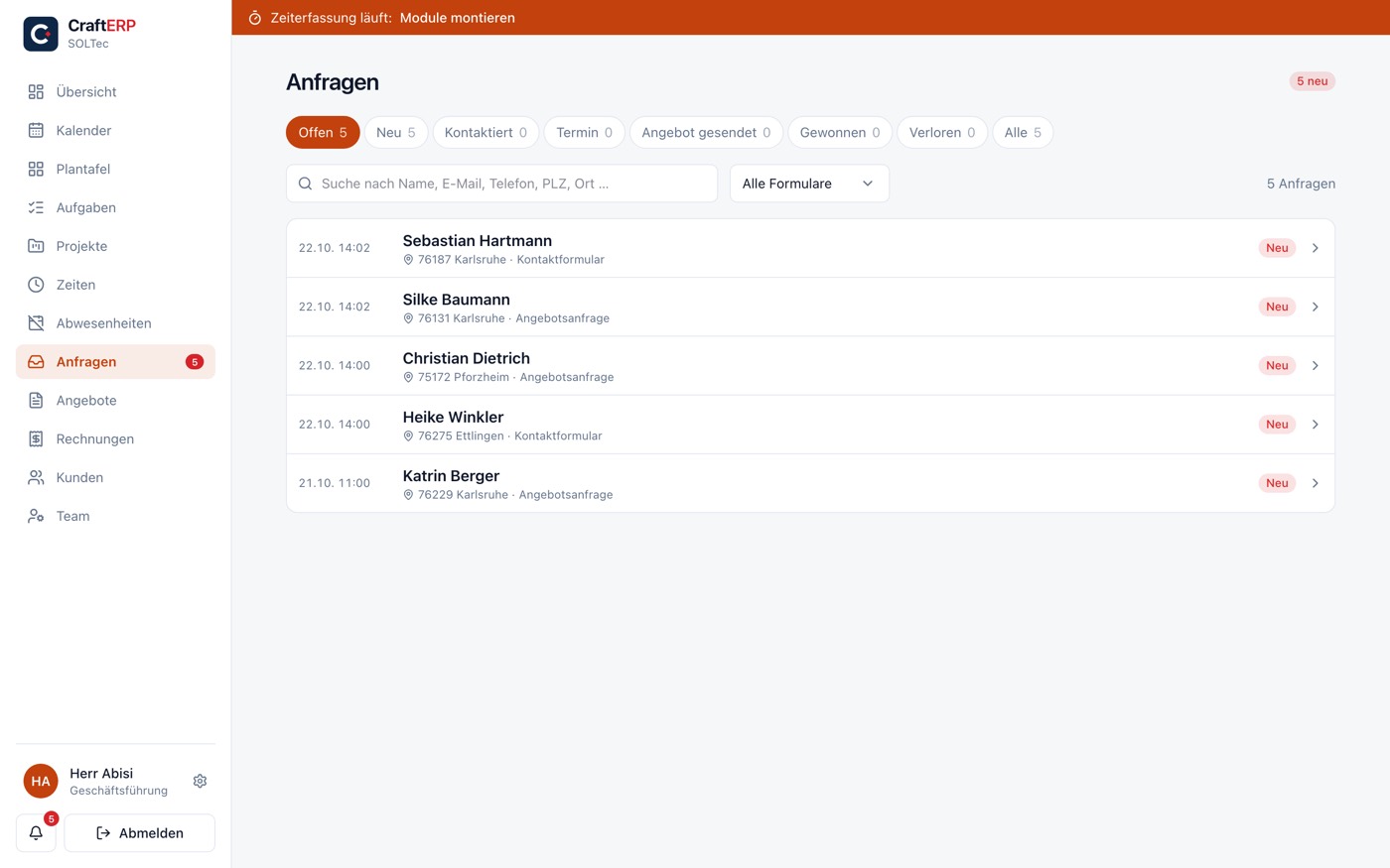 CraftERP: Anfragen-Postfach mit fünf neuen Anfragen