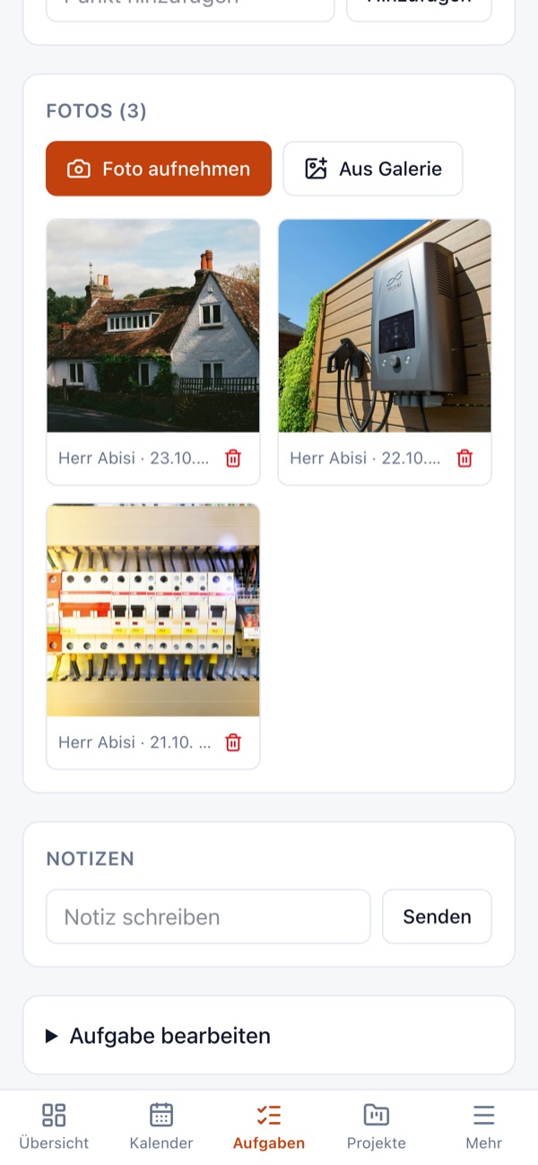 CraftERP auf dem Handy: Baustellenfotos mit Beschreibung an der Aufgabe