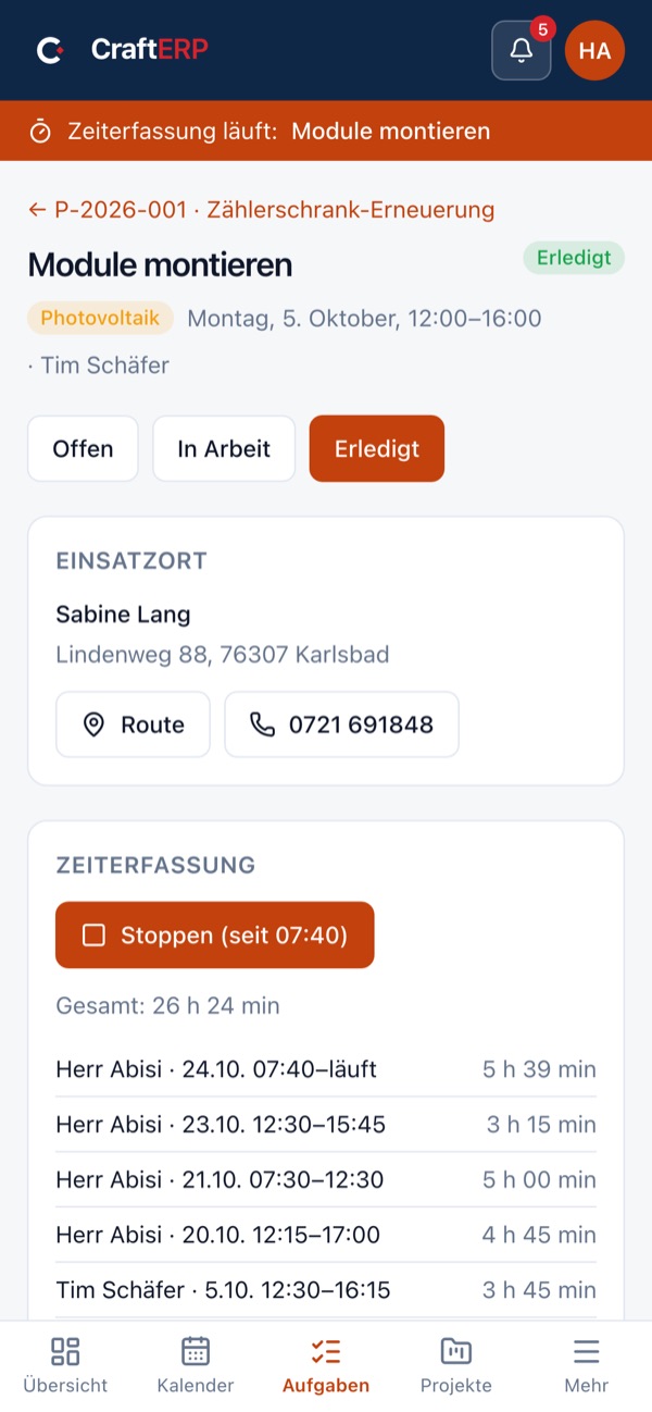 CraftERP auf dem Handy: Aufgabe mit laufender Zeiterfassung