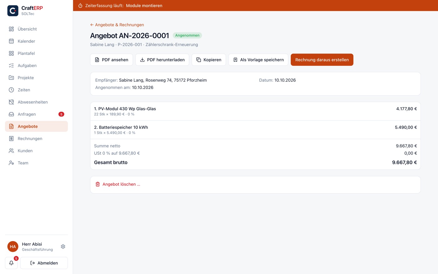CraftERP: angenommenes Angebot mit Positionen, Unterschrift und Rechnung-Button
