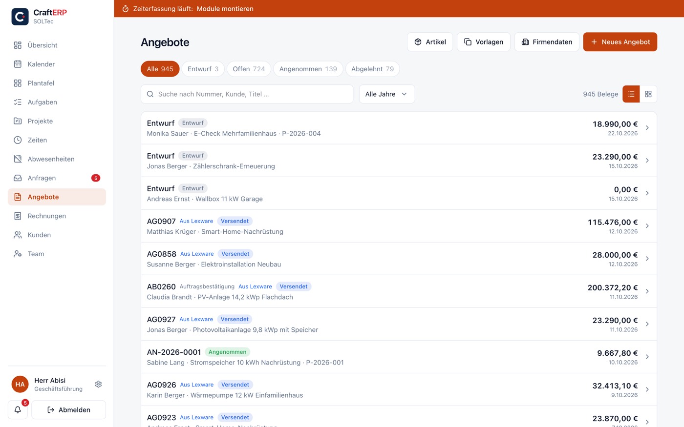 CraftERP: Angebotsliste