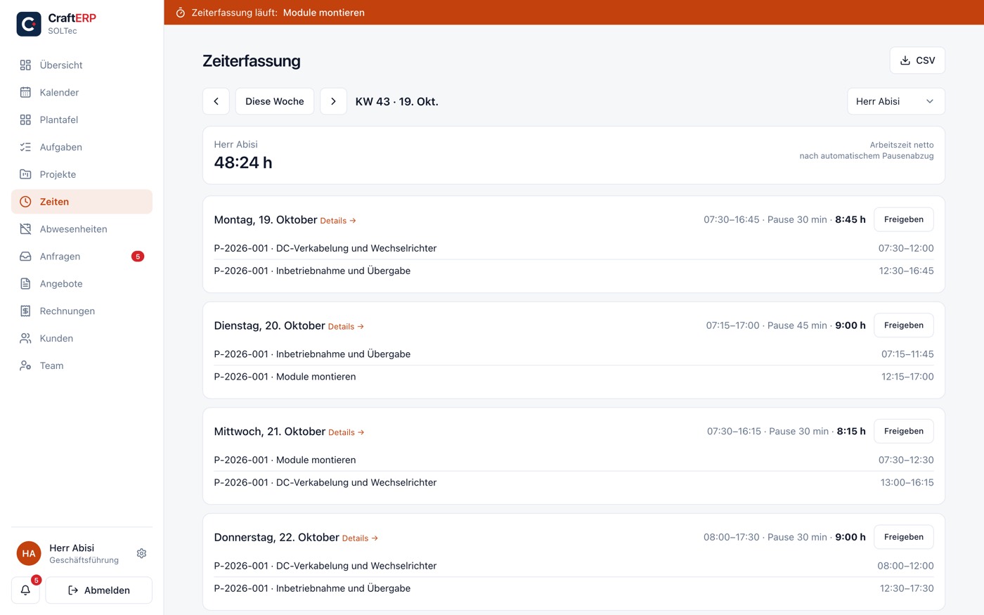 CraftERP: Zeiterfassung der Woche mit Pausen, Stunden pro Tag und laufendem Timer