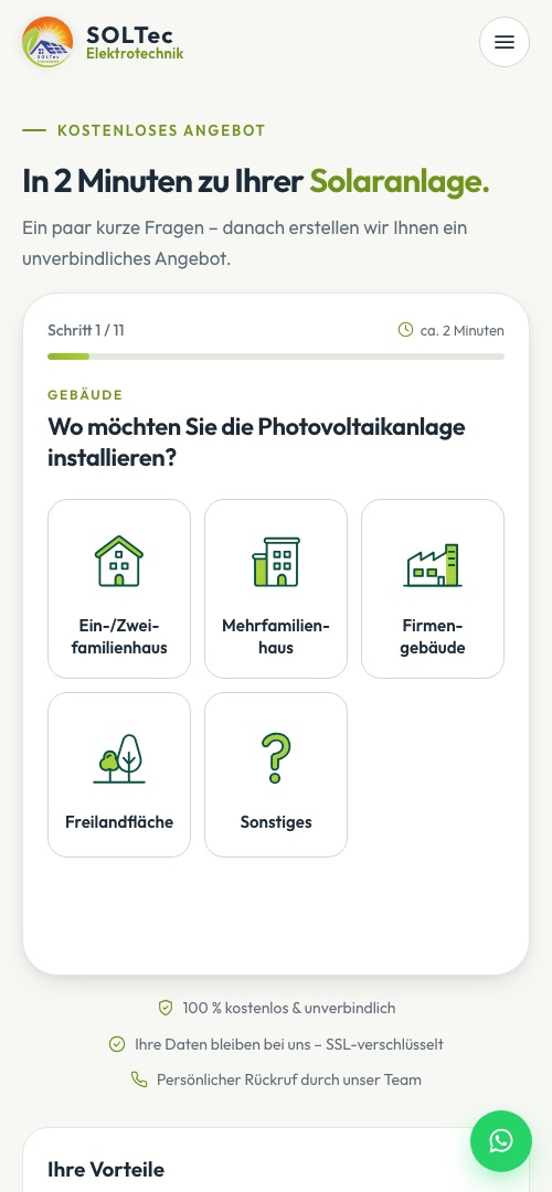 Anfrage-Assistent auf dem Handy: Wo soll die Photovoltaikanlage installiert werden?
