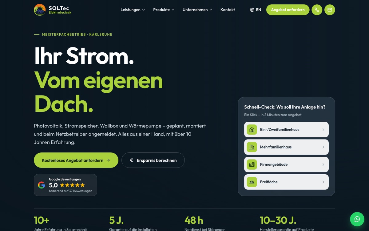 Startseite der neuen SOLTec-Website mit PV-Schnell-Check